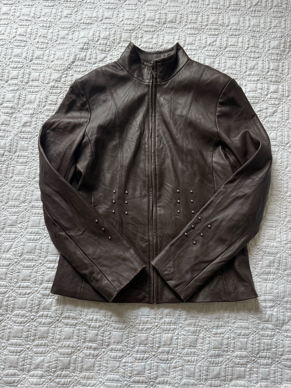 Vintage 90s Siena Studio Chocolate Brown Studded Lambskin Leather Jacket Size 6